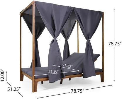 kevinplus Outdoor Patio Sunbed Daybed with Adjustable Reclining Chaise Lounge & Water-Resistant Canopy & Curtain, Solid Wood Construction, Dark Gray
