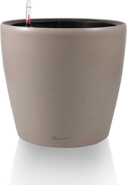 Dexceder 11x10 Inches Self Watering Planter Indoor Outdoor, Inner Pot Design, Thickened Table Flower Plant Pot with Water Level Indicator (Taupe Matte)
