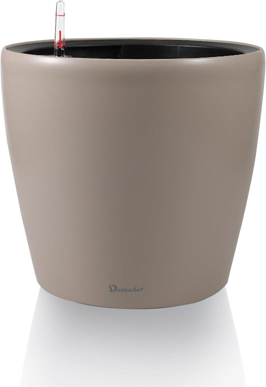 Dexceder 11x10 Inches Self Watering Planter Indoor Outdoor, Inner Pot Design, Thickened Table Flower Plant Pot with Water Level Indicator (Taupe Matte)