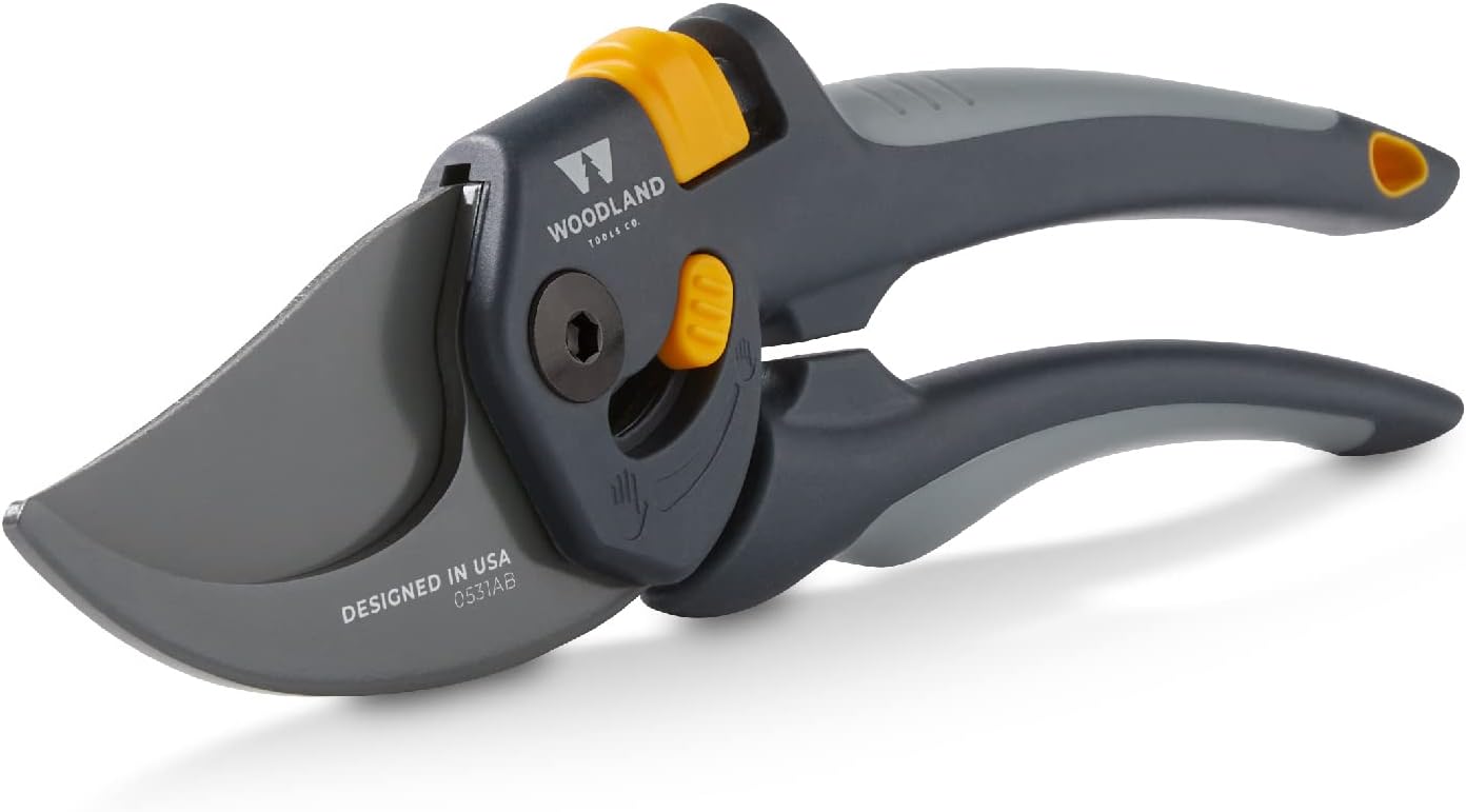 Woodland Tools Co. Heavy Duty Bypass Pruning Shears – 5/8" Cut Capacity, High Carbon Steel Blade, Internal Spring, Adjustable Grip Slider, Garden Hand Pruner for Plants, Shrubs, and Live Stems