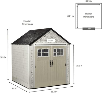 Rubbermaid 7 Foot by 7 Foot Weatherproof Outdoor Storage Shed for Garden Tools and Lawn Machinery Organization with Lockable Double Door Sandstone