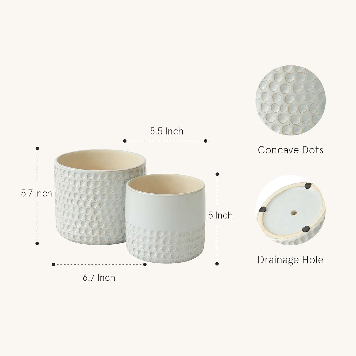 La Jolie Muse Ceramic Planter - 6.7+5.5 Inch Concave Dot Patterned Cylinder Flower Pot W/ Drain Hole for Indoor, Set of 2, Glacier Gray