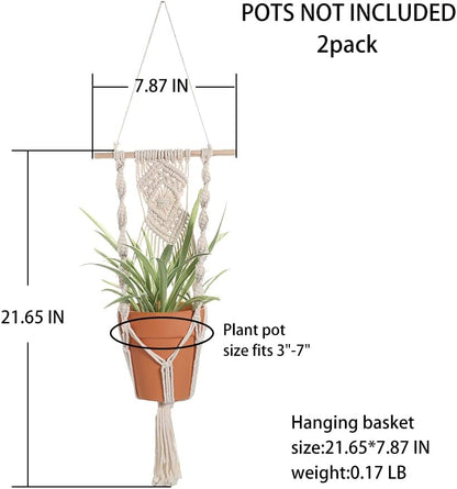 Boho Macrame Plant Hangers - Handmade Hemp Rope Hanging Baskets for Plants with Ceiling Hooks, Bohemian Home Decor Wall Art