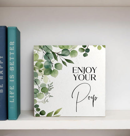 Funny Bathroom Signs, Enjoy Your Poop Humorous Wooden Box Sign, Eucalyptus Botanical Wood Signs Plaque for Bathroom Washroom Toilet Counter Shelf Table Decor, 5x5 Inch