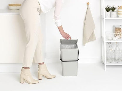Brabantia Sort & Go Kitchen Recycling Bin | M / 6.6 Gal / 25L | Light Gray | Removable Stay-Open Lid, Carry Handle | Trash Can for Bottles, Cans, Paper, Glass | Wall-Mounting Bracket Sold Separately