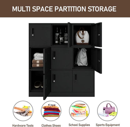 9 Door Metal Storage Locker Cabinet for Office, Home, Gym, School, Steel Cabinet to Storage File, Toys, Shoes and Sports Equipment, Locker Organizer for Gym Office Bedroom (9 Door, Black)