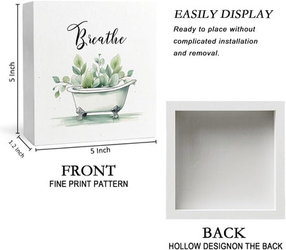 Breathe Funny Bathroom Wooden Box Sign, Eucalyptus Botanical Wood Signs for Restroom Bathroom Toilet Half Bath Shelf Counter Decor, 5x5 Inch