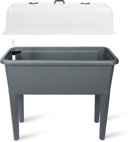 Dexceder 13.2 Gallon Self Watering Raised Garden Bed with Ventilation Transparent Lid Greenhouse, Deepen Vegetable Flower Box Planter Pot with Removeble Legs & Water Level Indicator (Deep Gray)