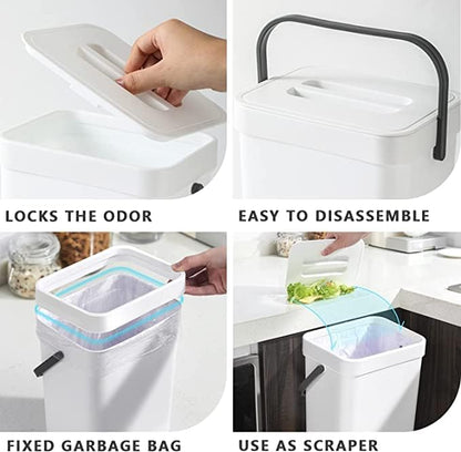Compost Caddy, Detachable Handle and Countertop Bin, Small Compost Bin with Lid, Plastic Tiny Wastebasket for Office/Kitchen/Refrigerator/RV, 3L/0.8 Gal Series, White