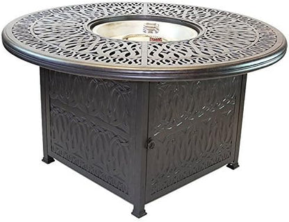 Grand Tuscany Outdoor Patio 7 pcs Round Fire Gas 52" Dining Set Dark Bronze Cast Aluminum Sunbrella Cushions