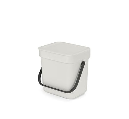 Brabantia Sort & Go Kitchen Countertop Food Scraps Compost Bin | XS / 0.8 Gal / 3L | Light Gray | Removable Stay-Open Lid, Carry Handle, Easy-Clean Recycling Box | Wall Bracket Sold Separately
