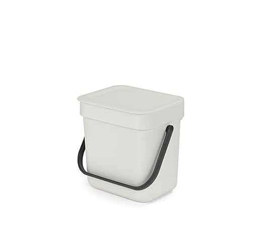 Brabantia Sort & Go Kitchen Countertop Food Scraps Compost Bin | XS / 0.8 Gal / 3L | Light Gray | Removable Stay-Open Lid, Carry Handle, Easy-Clean Recycling Box | Wall Bracket Sold Separately