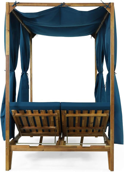 kevinplus Outdoor Patio Sunbed Daybed with Adjustable Reclining Chaise Lounge & Water-Resistant Canopy & Curtain, Solid Wood Construction, Blue