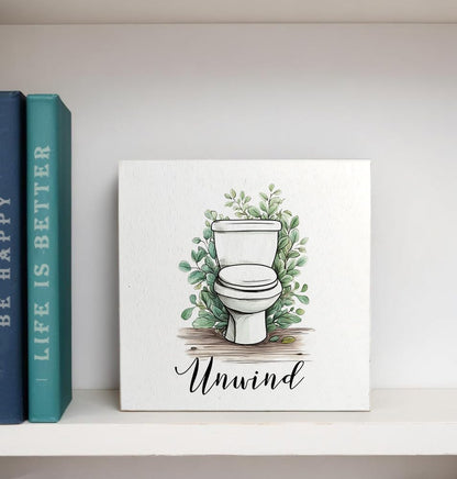 Unwind Funny Bathroom Wooden Box Sign, Eucalyptus Botanical Wood Signs for Restroom Bathroom Toilet Half Bath Shelf Counter Decor, 5x5 Inch