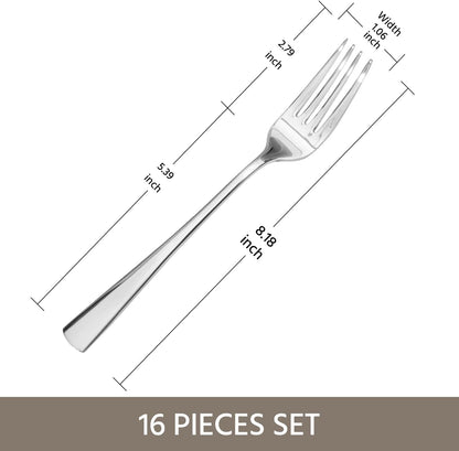KINGSTONE 16 Piece Dinner Forks Set, 18/10 Stainless Steel Forks, Silver Food Grade Fork Set of 16, Metal Forks for Home, Kitchen, Weddings, Parties or Restaurant, Dishwasher Safe-8.18inches