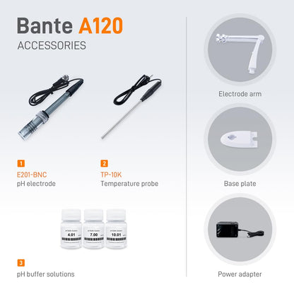 Bante A120 Laboratory pH Meter | Benchtop pH Meter | ±0.002 pH Accuracy, 5 Points Calibration, Selectable ORP Measurement Mode, Auto-Read Endpoint, 1000 Sets of Data Storage