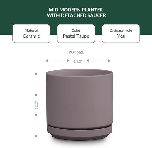 Mid Modern Planter with Detached Saucer (Pastel Taupe,14.0" D x 12.0" H)