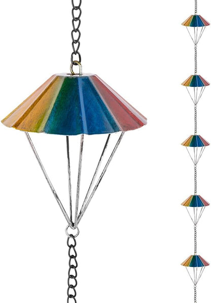 10 Ft Rain Chains for Outside, Colorful Parachute Shape Rain Catcher Chain with 10 Cups for Eaves Drainage, Replacement Downspout for Gutters