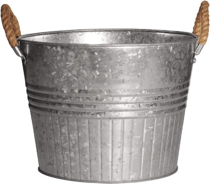 Headwind Round Galvanized Bucket w/Rope Handles – 8 Inch Metal Tub Bucket Planter for Outdoor Plants with Drainage Hole – Galvanized Large Outdoor Planters Buckets by Robert Allen