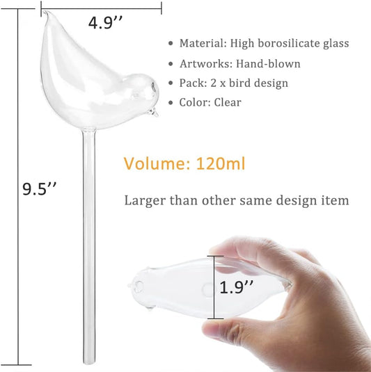 Glass Plant Watering Globes, Self Watering Globes Bird Shape, Self Watering Planter Insert, Plant Watering Devices, Automatic Plant Waterer Indoor, Watering Bulbs, 2 Pack