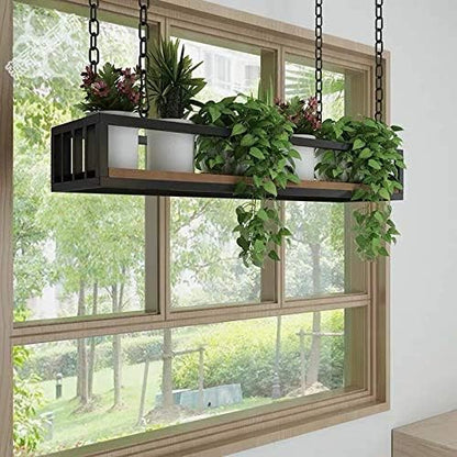 Growers Hanging Wood Basket Planter with Chain Indoor Outdoor Flower Plant Pot Home Garden Balcony Bar Cafe Decoration (L48''XW10''XH6'')