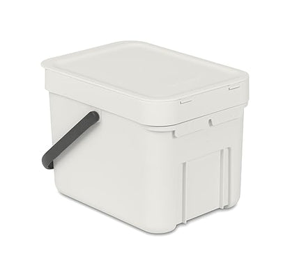 Brabantia Sort & Go Kitchen Countertop Food Scraps Compost Bin | XS / 1.6 Gal / 6L | Light Gray | Removable Stay-Open Lid, Carry Handle, Easy-Clean Recycling Box | Wall-Mounting Bracket Included