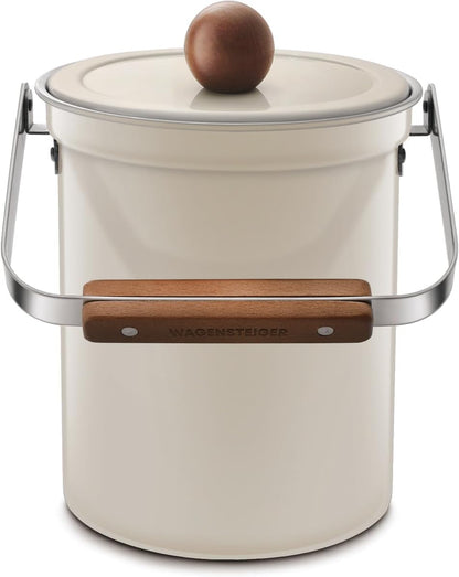 Kitchen Countertop Compost Bin 101ounces / 3Liters, Airtight Lid SUS304 Stainless Steel Odor-Free Food Waste Bin with Wooden Handle Stylish Design Bathroom Trash Can (Off-White)