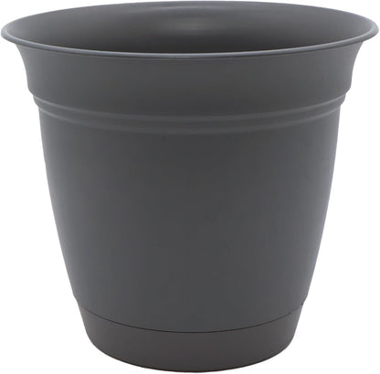 The HC Companies Eclipse Round Planter with Saucer - Outdoor & Indoor Plant Pot with Drainage Holes - Lightweight, UV-Resistant Plastic Pots for Plants, Flowers & Herbs (8" Warm Gray, Pack of 1)