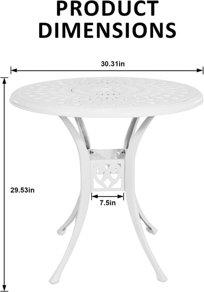 30 inches Patio Table with Umbrella Hole, Round Cast Aluminum Bistro Table for Porch Backyard, White