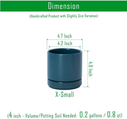 D'vine Dev Set of 4 Small Ceramic Plant Pots, 4.7 Inch Succulent Planter Pot for Plants with Drainage Hole and Saucer, Teal, 94-X-B-9