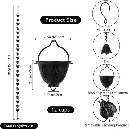 9.2 FT Rain Chain, Black Rain Gutter Chains with 12 Cups & Detachable Ladybugs Decor, Adjustable Rain Catcher Chain for Outddor Decor, Replacement for Downspout