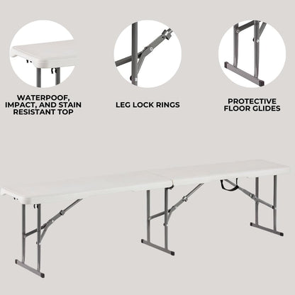 Plastic Folding Bench - Portable Bench Used for Indoor, Outdoor, Picnic, Party, Camping, Dining Seat, Garden Soccer Multipurpose Entertaining Activities, White (2, White, 6 Feet)