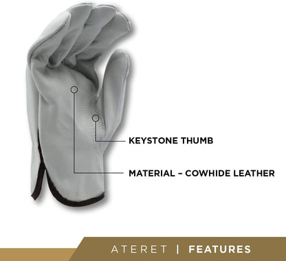 12 Pairs Heavy Duty Durable Cowhide Leather Work Gloves for Construction, Industrial and Personal Use