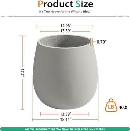 Oval Concrete Planters for Outdoor Plants, Large Tall Cement Flower Pots Indoor for Garden, Front Porch, Patio (Gray, 18.5 inch)