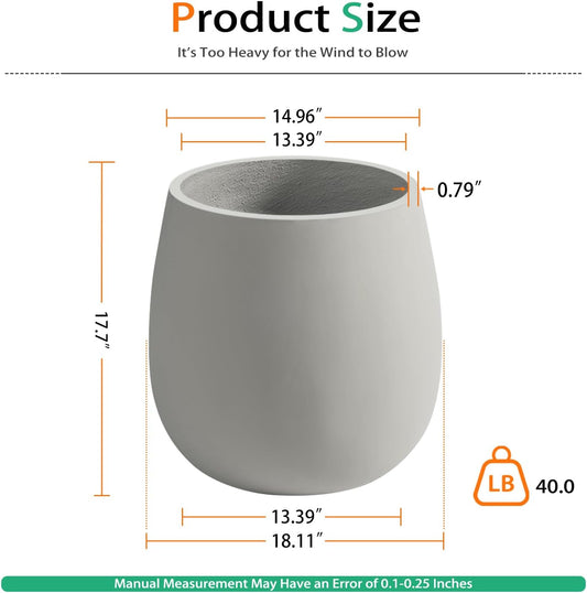 Oval Concrete Planters for Outdoor Plants, Large Tall Cement Flower Pots Indoor for Garden, Front Porch, Patio (Gray, 18.5 inch)