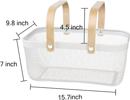 Portable Mesh Harvest Basket - Natural Bamboo Handle Foldable Organizer for Kitchen, Garden & Picnic | Ventilated Storage Bin with Rust-Proof Wire, Space-Saving Farmhouse Decor (White)