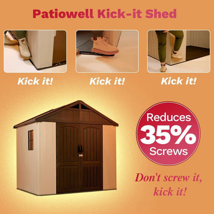 Patiowell 8 x 6 FT Plastic Outdoor Storage Shed with Floor, Resin Shed with Window and Lockable Door for Garden, Backyard, Tool Storage Use, Easy to Install in Beige (Kick-it Shed)