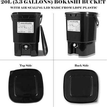 20L Bokashi Bucket with Air Sealing Lid, 5.28 Gallon Compost Bin, Kitchen Composter with Bran, Kitchen Compost Pail, ecocultivatify Bokashi Kit Set with Starter(Black)