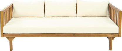 Christopher Knight Home Claremont Outdoor 3 Seater Acacia Wood Daybed with Fabric Water Resistant and Removable Cushions, Patio Garden Poolside Sofa with Slat Paneling Armrest and Back, Teak and Beige