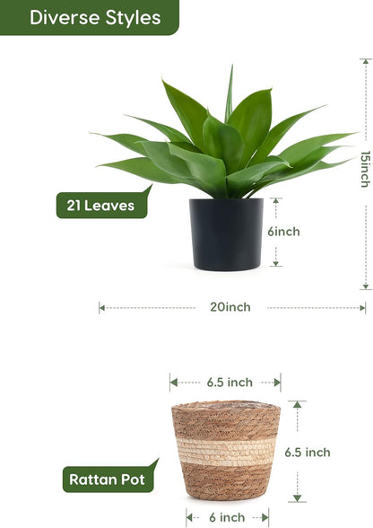Velener Fake Agave with Rattan Pot, Artificial Plant Outdoor Agave - Fake Sucuulents Plants for Indoor and Outdoor Decor(15 Inch)