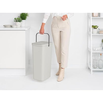 Brabantia Sort & Go Kitchen Recycling Bin | L / 10.6 Gal / 40L | Light Gray | Removable Stay-Open Lid, Carry Handle | Trash Can for Bottles, Cans, Paper, Glass | Wall Bracket Sold Separately