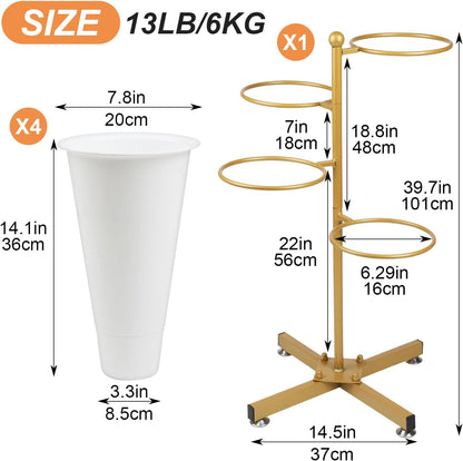 Flower Display Stand with 4 Bucket,Floral Stand with Foldable Frame for Silk Fresh Flowers,4 Tier Florist Shelf Plant Cart for flower shop Garden Living Room,Easy to Install (Gold Shelf+ White Bucket)