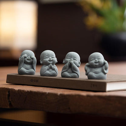 Laughing Buddha Statue Decor - 4Pcs Small Zen Monk Sandstone Buddha Sculpture for Wealth Good Luck Feng Shui Decor, Cute Zen Decoration for Home Office Desk Indoor and Outdoor(Gray)