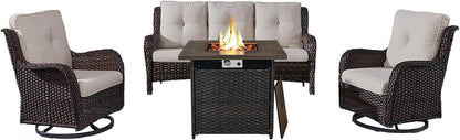 Outdoor Patio Furniture Set with 50000BTU Propane Fire Pit Table, 4 Pieces Wicker Patio Conversation Set with 2 Swivel Rocker Glider Chairs Rattan Sofa Blue Cushion Perfect for Casual Gathering