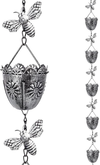 7.8 FT Rain Chain, Metal Rain Gutter Chains with 10 Cups & Detachable Bees Decor, Adjustable Rain Catcher Chain with Bell for Eaves Drainage, Replacement for Downspout
