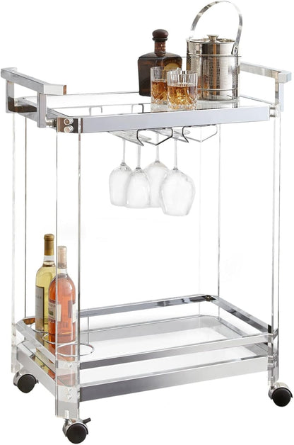 Steve Silver Furniture Aerin Kitchen Server Cart, Silver bar Cart, Tempered Glass, Two Display Shelves, 4 Casters, 3 Ring Wire Wine Bottle Holder, Dining Room, Bar, 28" L x 17" W x 35" H, Silver