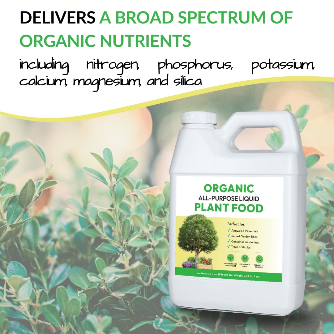 Organic All-Purpose Liquid Plant Food - Use on All Outdoor Plants: Flower Beds, Vegetable Gardens, Container Gardening | Concentrated Liquid Fertilizer Alternative (1 Gallon, Mixes to 128 Gallons)