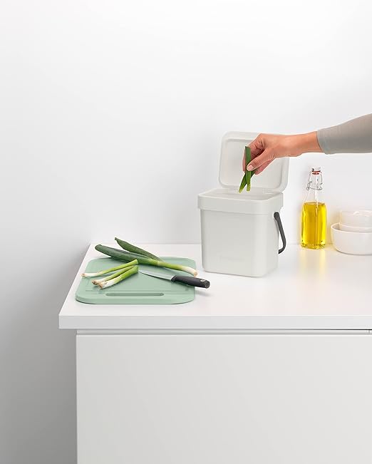 Brabantia Sort & Go Kitchen Countertop Food Scraps Compost Bin | XS / 0.8 Gal / 3L | Light Gray | Removable Stay-Open Lid, Carry Handle, Easy-Clean Recycling Box | Wall Bracket Sold Separately