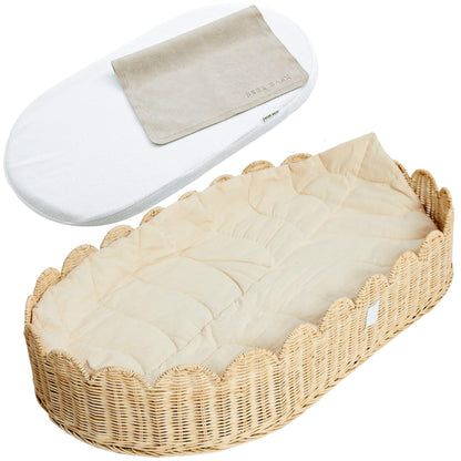 Bebe Bask Premium Baby Changing Basket - Artisan-Crafted Scalloped Rattan - Changing Basket for Baby Dresser - All Accessories Included - Complete Set for Nursery (Natural)