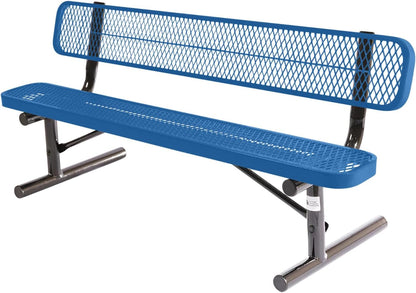 Heavy-Duty Portable Outdoor Bench Thermoplastic Coated, Expanded Metal, Commercial-Grade Seating, Made in America (Portable with Back, 6 Ft, Textured Light Blue)